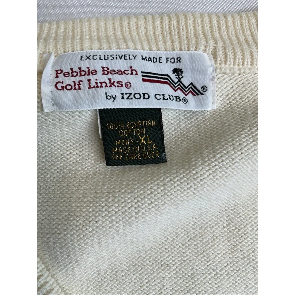 Pebble Beach V Neck Golf Sweater Size XL‎ USA Preppy Classic Off White Cotton